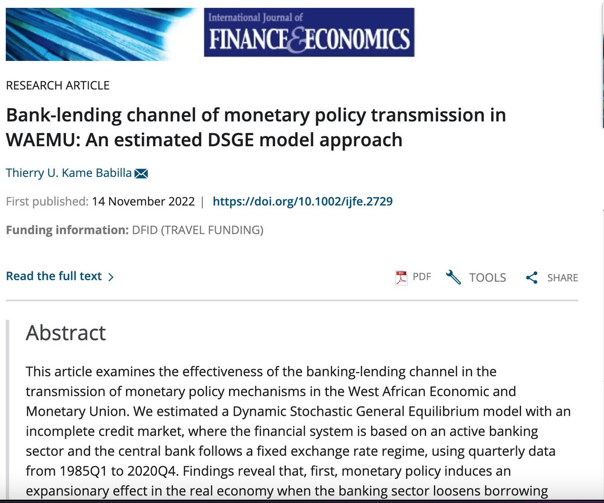 Thierry_Kame's tweet photo. I am overwhelming pleased to share my two latest PUBLICATIONS in this successful & blessed New Year 2023
1.Economic Modelling:
https://t.co/61d84LKpBH
2. International Journal of Finance & Economics:
https://t.co/l3k5TnkolC
#EconTwitter #DSGEmodel #MonetaryPolicy #Finance https://t.co/jmKjIfDOzA