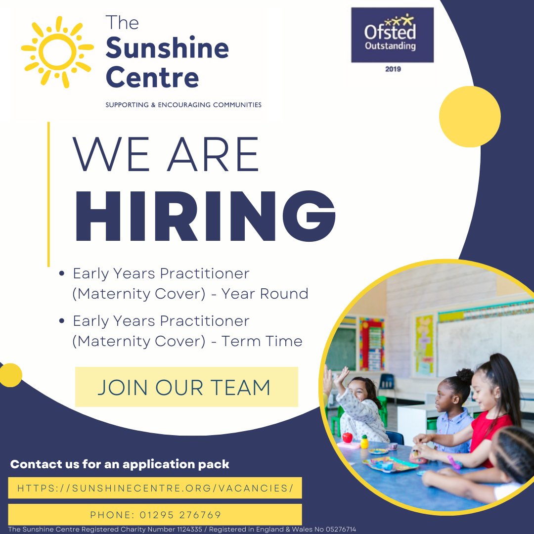 sunshinecentre_'s tweet photo. JOB VACANCIES: Discover the rewards that working within the community can offer with our Early Years Practitioner vacancies. Check out https://t.co/WjZWTptFOi for more information. https://t.co/OsJ7hdNs3Z