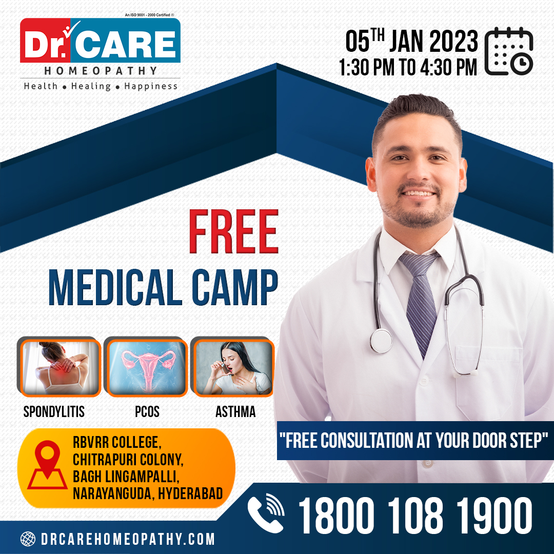 Dr. Care Homeopathy is organizing a Free Medical Checkup in Hyderabad on 5th January 2023.  We Provide Consultation for Various Ailments such as Spondylitis, Asthma, PCOS, and many more

#homeopathyheals #asthmatreatment #pcodtreatment #spondylitistreatment #Drcare