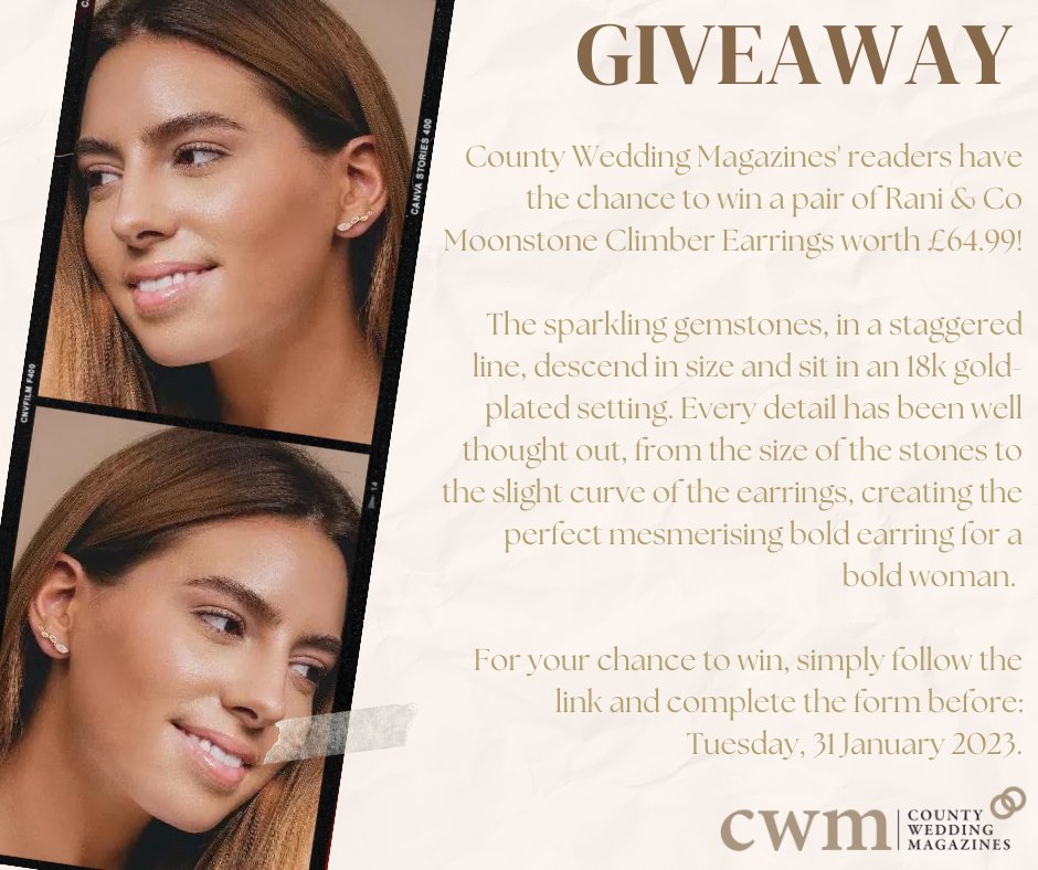 County Wedding Magazines (@countyweddings) on Twitter photo ✨ GIVEAWAY ✨
County Wedding Magazines' readers have the chance to win a pair of <a href="/RaniAndCo/">Rani & Co.</a> Moonstone Climber Earrings worth £64.99!
For your chance to win, tick the box marked ‘Rani & Co’ on the giveaway form.
county.wedding/giveaways ✨ GIVEAWAY ✨
County Wedding Magazines' readers have the chance to win a pair of <a href="/RaniAndCo/">Rani & Co.</a> Moonstone Climber Earrings worth £64.99!
For your chance to win, tick the box marked ‘Rani & Co’ on the giveaway form.
county.wedding/giveaways