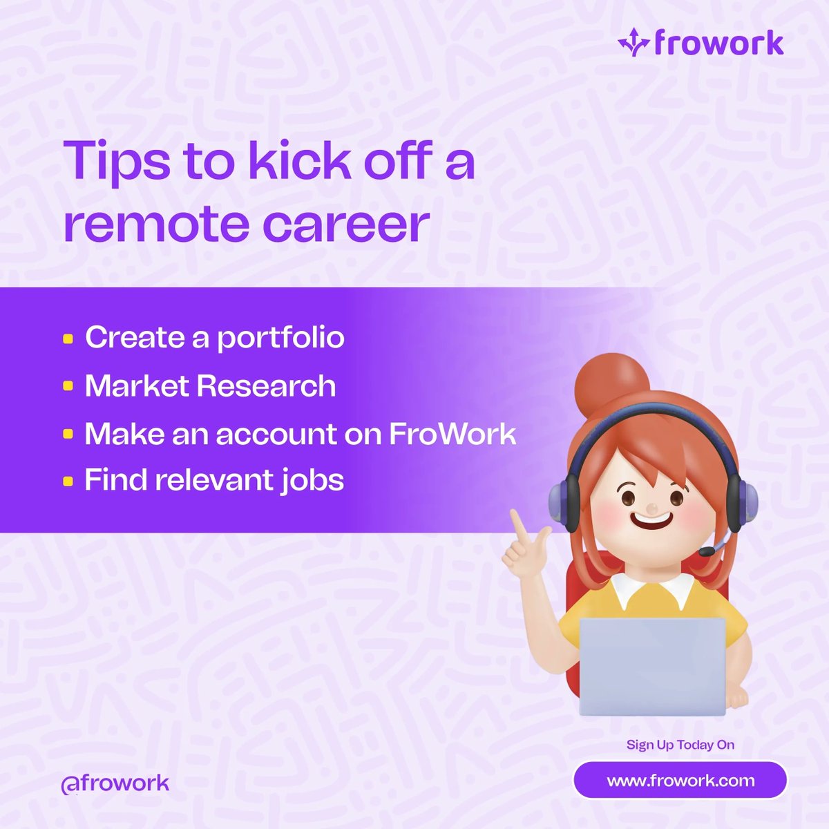 FroWork's tweet photo. Looking out to kick off a new career in 2023? Here are a few useful tips to set you on that path

🚀Create a portfolio
🚀Market Research
🚀Make an account on #FroWork
🚀Find relevant jobs

Prepare for a new role in the new year.
Join the super talents on www.fro… https://t.co/SpZ1HIHXwW