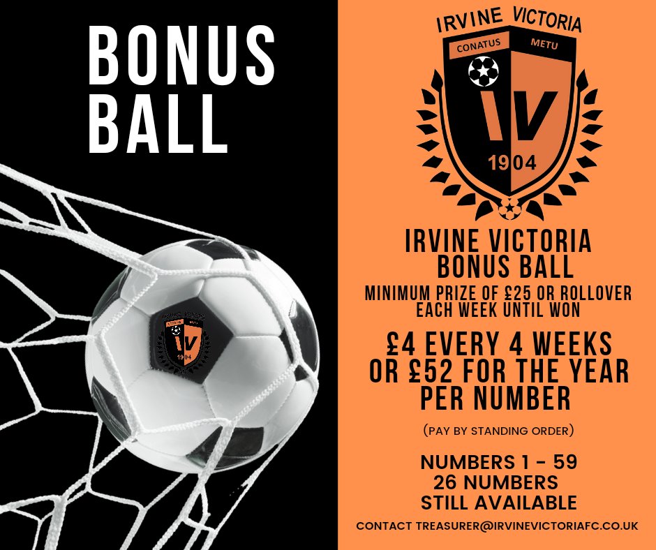 IrvineVictoria's tweet photo. Irvine Victoria Bonus Ball has 26 numbers still available get yours now 🧡🖤
At £4 every 4 weeks per number. Get in touch via the email or website below for more info. 
https://t.co/f7bIqggw1c
#oohaahtoria 🟠⚫️ #supportlocal https://t.co/Ymvmadv3vH