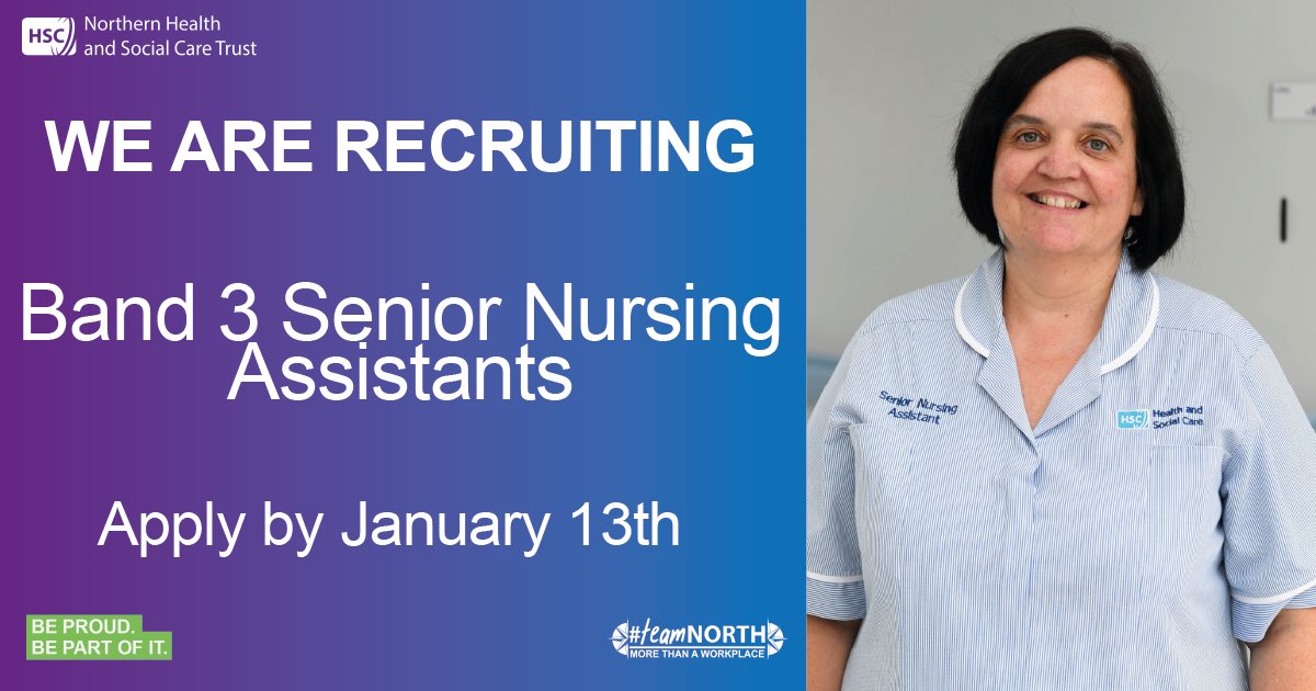 📢We are recruiting Band 3 Senior Nursing Assistants. 

Applications close 13 January.
 
Interviews for those who apply will take place in Fern House, Antrim Area Hospital, 4 February, 9:30am- 3:30pm.
 
Apply here👉 crowd.in/0ZOW6n
 
For more information call 02870346235