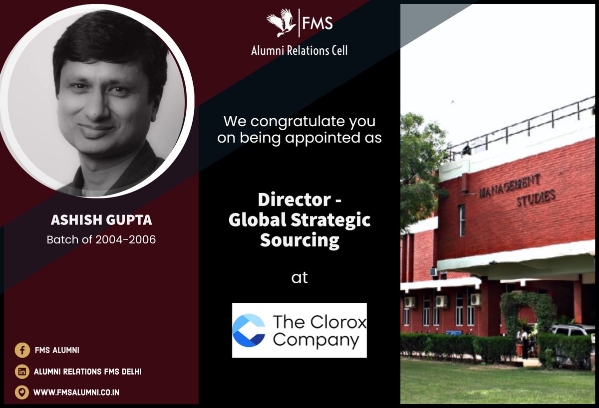 FMSAlumni's tweet photo. We, at @FMSAlumni, take great pride in sharing that our very own alum, Ashish Gupta, has been appointed as the Director - Global Strategic Sourcing at @CloroxCo.
#FMSAlumni #RedBuildingofDreams
#AlumniRelations #TheCloroxCompany https://t.co/foBlXKNauR