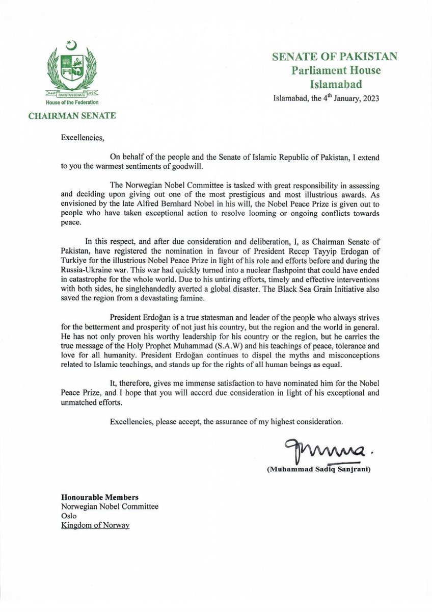 Chairman Senate, Muhammad Sadiq Sanjrani through a letter has officially registered the nomination in favour of Turkish President @RTErdogan for the 'Nobel Peace Prize' for his efforts to resolve the Ukrainian crisis in a letter addressed to Norwegian Nobel Committee...1/3 🇹🇷🇵🇰