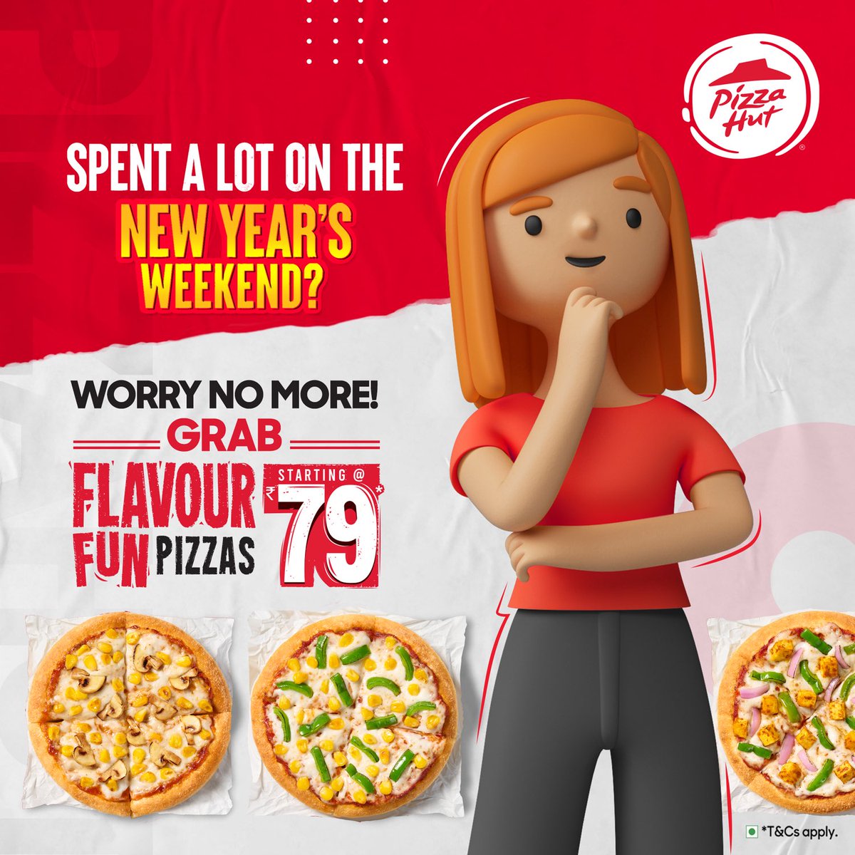 PizzaHutIN's tweet photo. Donโt let your party vibe stop! ๐ฏโโ๏ธ
Grab Flavour Fun Pizzas, starting @ just Rs. 79*. Ab Har Din, Pizza Scene without spending out of your budget! ๐๐
#PizzaHut #HutLovers #FlavourFun https://t.co/AqdIkCGDTs