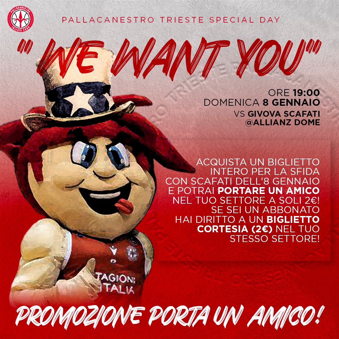 PallTrieste's tweet photo. SCAFATI È SPECIAL DAY! PROMOZIONE PORTA UN AMICO PER TUTTI I TIFOSI! 🤩⁣⁣
⁣⁣
Scopri i dettagli della promo: https://t.co/TZxwdtjXjQ⁣⁣
⁣⁣
#pallacanestrotrieste #pallacanestro #LBASerieA #legabasket #basketball #basket #trieste #forzatrieste #biancorossi #audaci https://t.co/NqD1EO565P