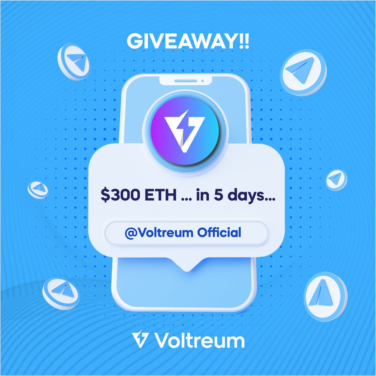 voltreum's tweet photo. 🎉 $300 Giveaway 🥳

💰 We are giving away $300 of ETH on our Voltreum Telegram channel

👉 Join telegram: https://t.co/YyndzQFCsB

How to join
1️⃣ Like + Retweet
2️⃣ Follow us @voltreum 
3️⃣ Tag 3 friends 

⏲️ Ends in 4 days

#Crypto #Giveaway #Airdrop #USDT #NFTs #DeFi #Contest https://t.co/dDYf6A66OO