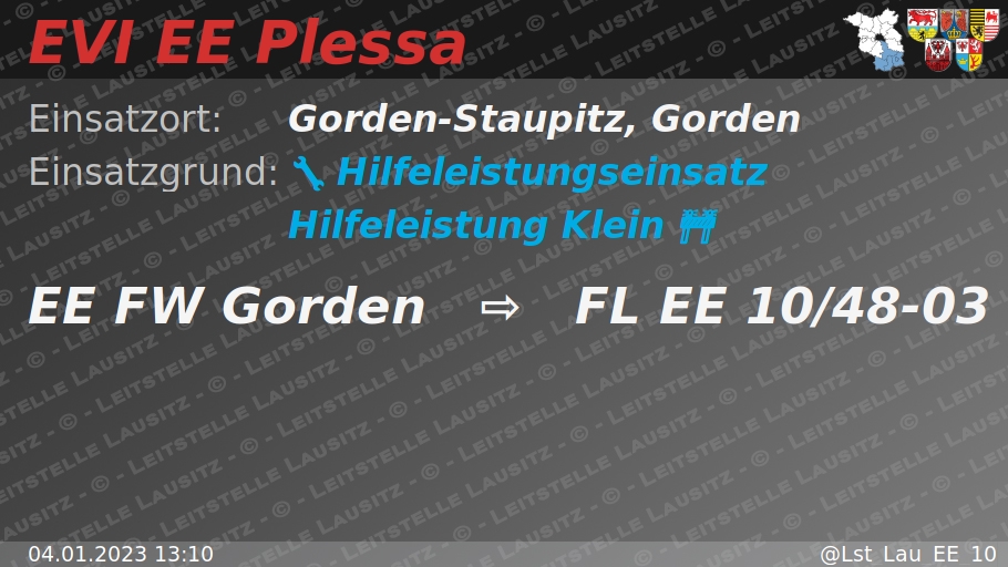 🚨 04.01.2023 13:10 🔧 🚧 H:Klein 🌐 Gorden-Staupitz, Gorden 🚒 ⇨ FW Gorden wachalarm.leitstelle-lausitz.de/dbrd/dc9a035b-…