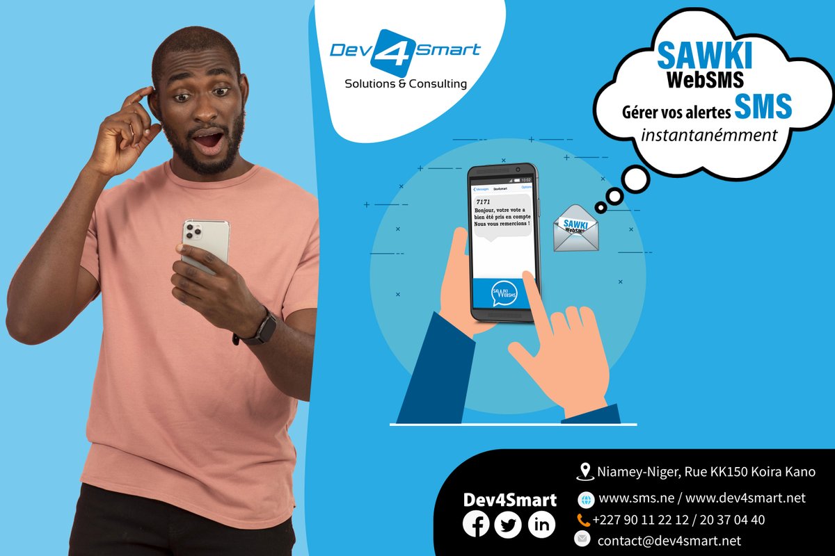 dev4smart's tweet photo. Vous êtes une entreprise ou un particulier, voulez-vous gérer vos alertes #SMS au Niger et dans la zone CEDEAO ? @sawkiwebsms est fait pour vous !
✅ Disponible 24H/24 et 7J/7
🌍 https://t.co/z6hMIahnWj
#SMSMarketing
#SMSVoting
#SMSBanking https://t.co/adtjDnf9XS