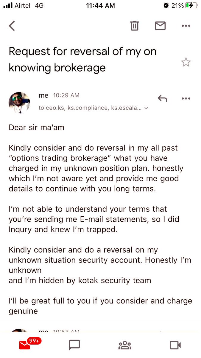 Sanjeeb Kumar Nanda (@sanjeebnandaa) on Twitter photo I’m cheated and trapped by kotak security team that approximately 200k brokerage on my options trading <a href="/Rs233/">Rajesh Mahajan</a>+18% Gst charged then suggested after raising complaint that they have no brokerage plans to subscribe. I requested a lot but didn’t resolve my voice nor reversal. #Scams I’m cheated and trapped by kotak security team that approximately 200k brokerage on my options trading <a href="/Rs233/">Rajesh Mahajan</a>+18% Gst charged then suggested after raising complaint that they have no brokerage plans to subscribe. I requested a lot but didn’t resolve my voice nor reversal. #Scams