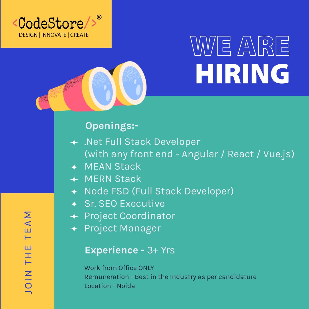 #CodeStore #hiring #hiringimmediately #meanstackdeveloper #mernstackdeveloper #projectcoordinator #projctmanager #nodejsdevelopers #projectmanager #seoexecutive #recruitment #hiringpost