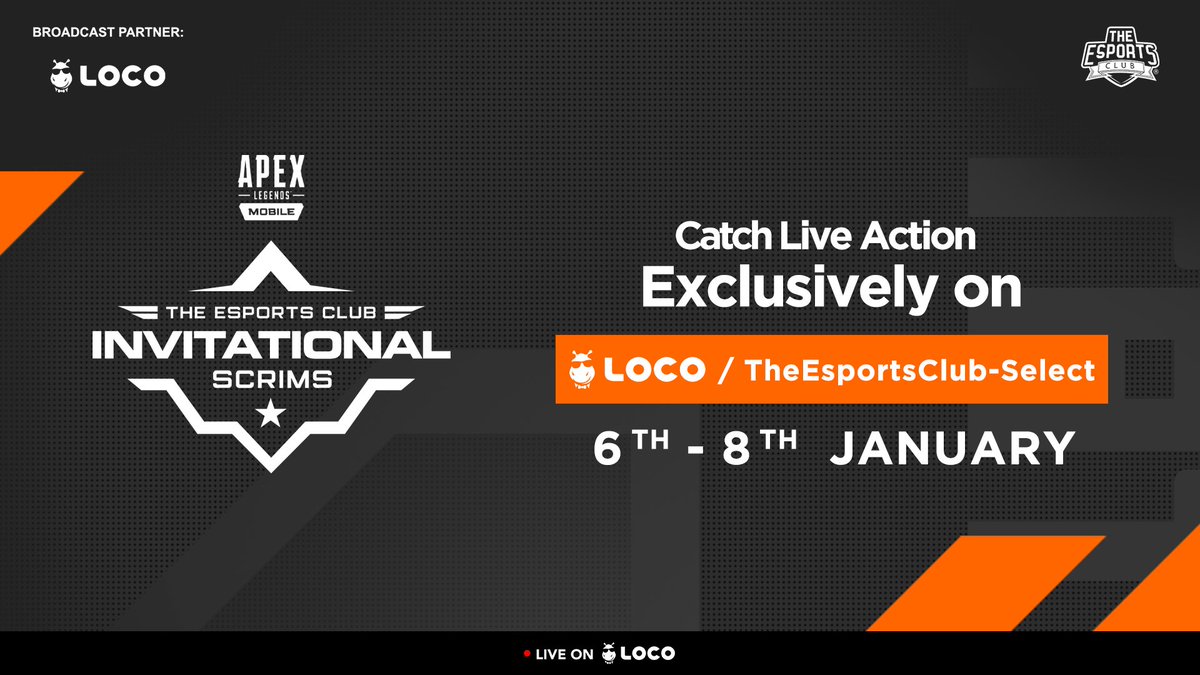 TheEsportsClub1's tweet photo. What better way to kickstart the Year than with The Esports Club Invitational Scrims – Apex Legends Mobile!🎉

Action starts from 6th January exclusively on The Esports Club Select on LOCO!🔥

#TEC #TheEsportsClub #apexlegendsindia #apexlegends #apexpredator #apexlegendsmobile https://t.co/Rc3hutqImY