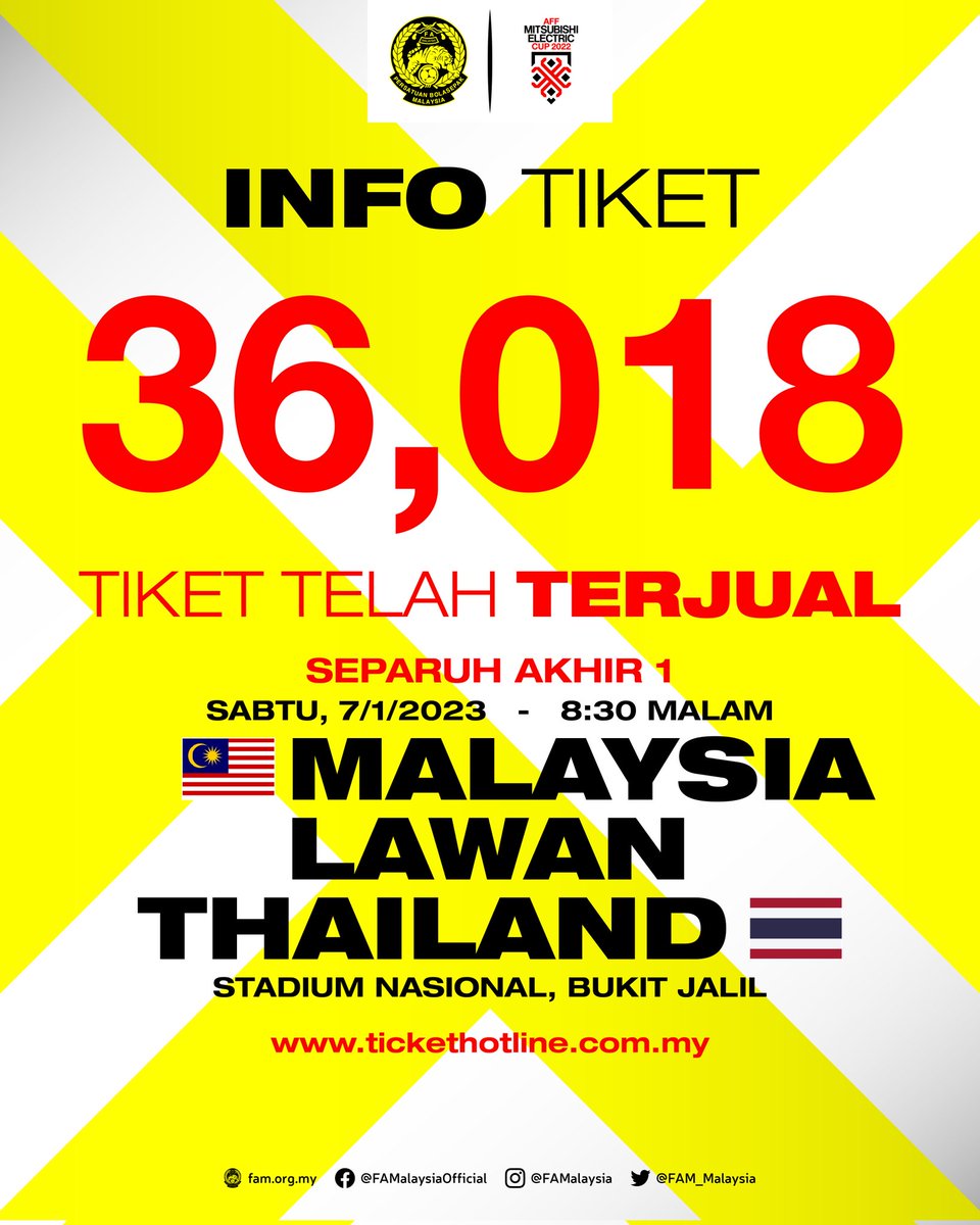 FAM_Malaysia's tweet photo. 36,018 Tiket Telah Terjual

Dapatkan segera tiket bagi menyaksikan perlawanan Separuh Akhir 1, Malaysia lwn Thailand di ▶️ https://t.co/EB7H05hGIC

Jom ke Bukit Jalil, Sabtu ini!

#FAM #HarimauMalaya #AFFMitsubishiElectricCup2022 https://t.co/qUs4ZGiqqe