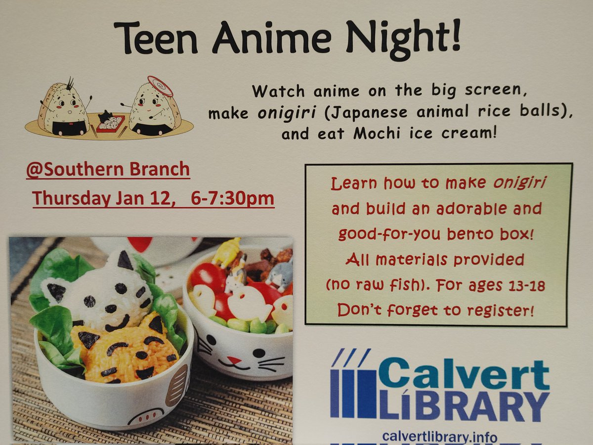 Hey Pax Fam! Be sure to register for <a href="/CalvertLibrary/">CalvertLibrary</a> Teen Anime night being held at the Southern Branch, Thursday, 1/12 @ 6:00 PM. We know you love anime... Come out and have a great time at the library - it's FREE! 📚😁