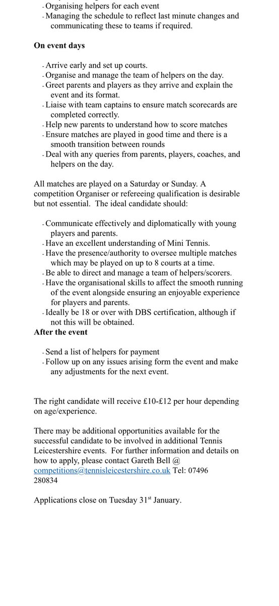 TennisLeicestershire (@tennisleics) on Twitter photo Tennis Leicestershire Job Opportunity
LTA National League Mini Team Event Organiser.
Please see the attached photos for details and contact competitions@tennisleicestershire.co.uk to apply.
Applications close on Tuesday 31st January. Tennis Leicestershire Job Opportunity
LTA National League Mini Team Event Organiser.
Please see the attached photos for details and contact competitions@tennisleicestershire.co.uk to apply.
Applications close on Tuesday 31st January.
