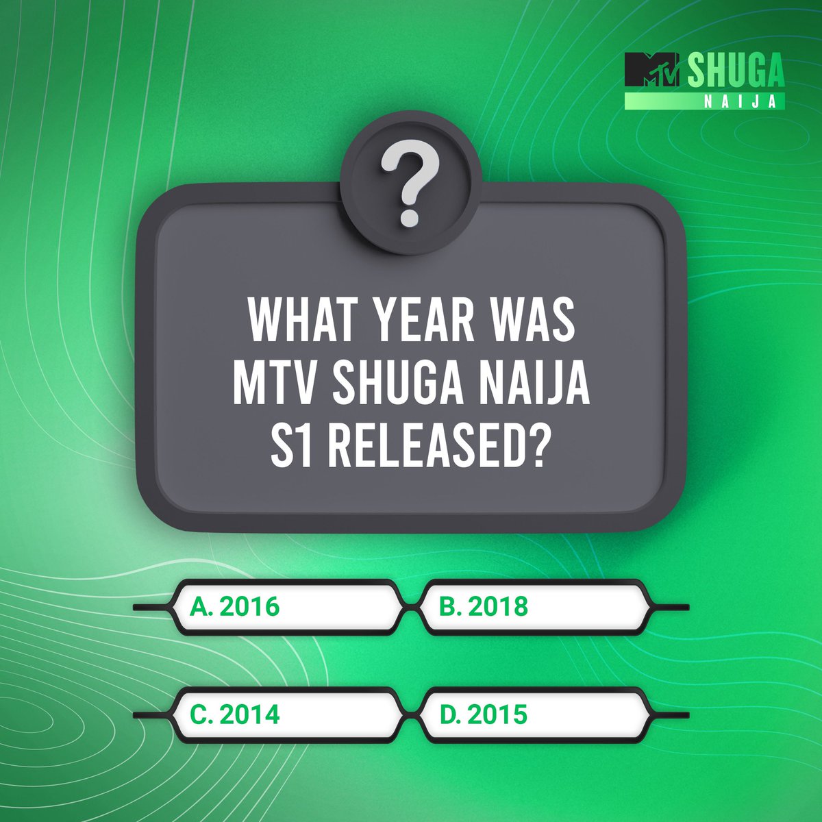 MTVShugaNaija's tweet image. Where are the Day 1 fans? 🙋🏾‍♂️🙋🏾‍♀️

What year was #MTVShugaNaija Season 1 launched?

#TriviaWednesday #MTVShugaNaija5 #MTVShugaNaija #Shugafam