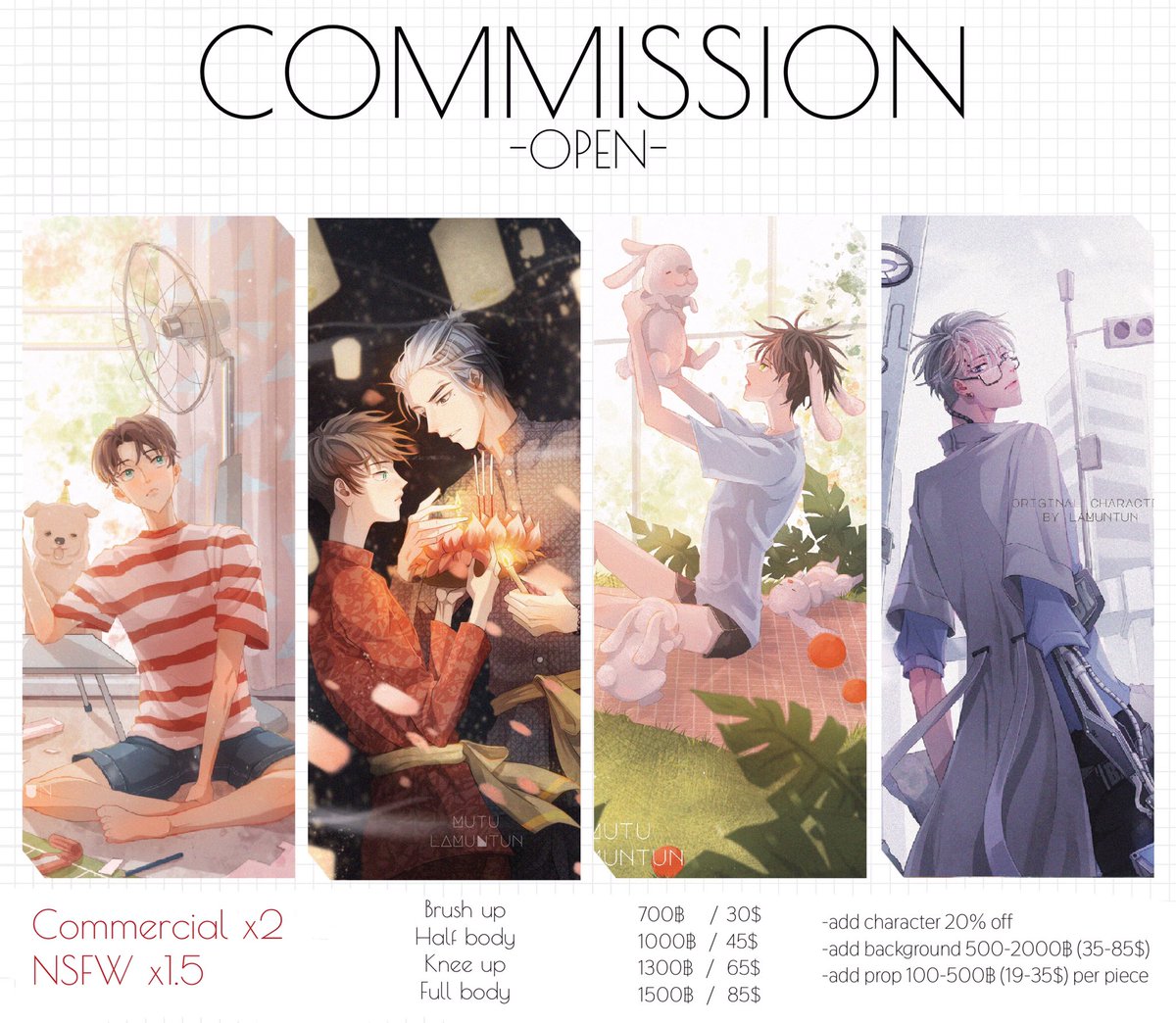 Pls rt✨✨

🔥Comission open!🔥
เดือนมกราคมรับ (0/3) คิวค่า
(January 0/3)

👇รายละเอียดข้อตกลงเพิ่มเติม👇
lamuntun.carrd.co

commercial x2
NSFW x1.5

#comission #commissionTH #comissionopen