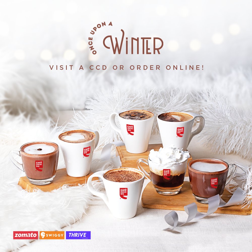 Warm up your mid-week blues with the flavours of our classic pairings. Visit a CCD near you or order our all-new Winter Beverage range 'Once Upon a Winter' today.

#MidWeekBlues #OnceUponAWinter #NewRange #Winter #CoffeeLover #CoffeeTime #WinterBeverage #HotDrink #CafeCoffeeDay