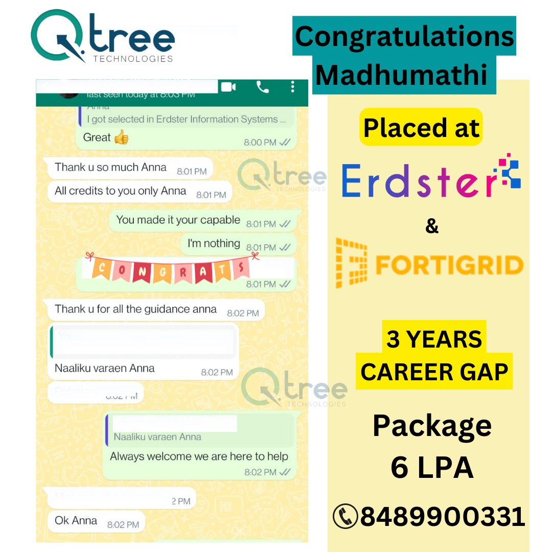 Qtreetech's tweet image. Congratulations Madhumathi for getting placed In Software Testing 3 Years Career GAP. He Completed Software testing Course @ Qtree Technologies Ramnagar Coimbatore. We Offer 100% Job Assurance Courses Kindly Contact us +91 8489900331 #sofwaretesting #Offerletter #qtreetechnologi