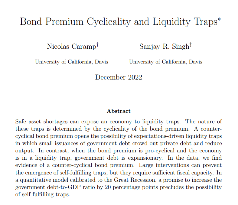 The nature of safety traps depends on the cyclicality of the bond premium. The data favors the conditions for self-fulfilling traps. We propose robust policies.

From <a href="/nicocaramp/">Nicolás Caramp</a> and <a href="/sanjayrajsingh/">Sanjay R Singh</a>:

restud.com/paper/bond-pre…