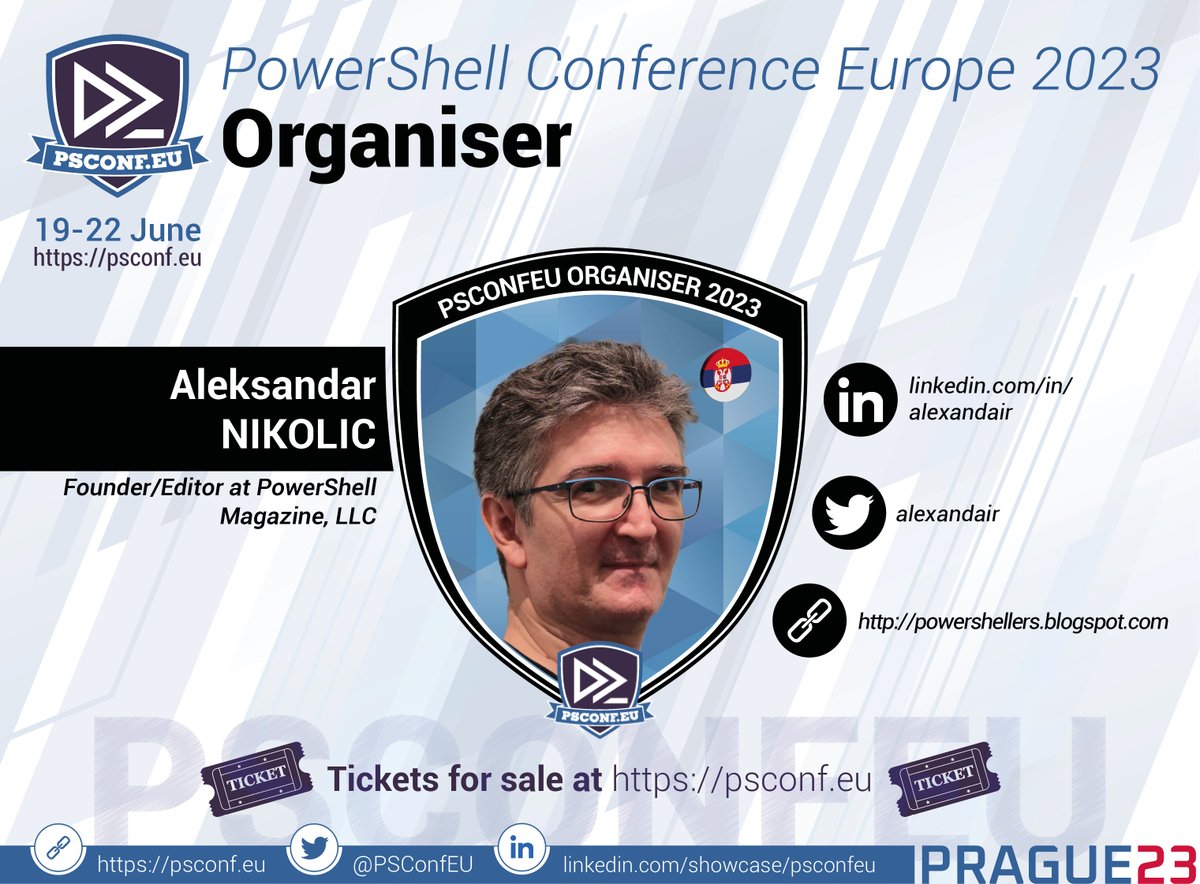 Sharp with broad technical expertise, veteran organiser of #PSConfEU, <a href="/alexandair/">A:\leksandar🌩🐚Nikolić</a> spends a lot of time ensuring adequate and coherent selection of speakers and sessions to deliver the quality of content we're known for.

Grab your tickets: psconf.eu

#PowerShell