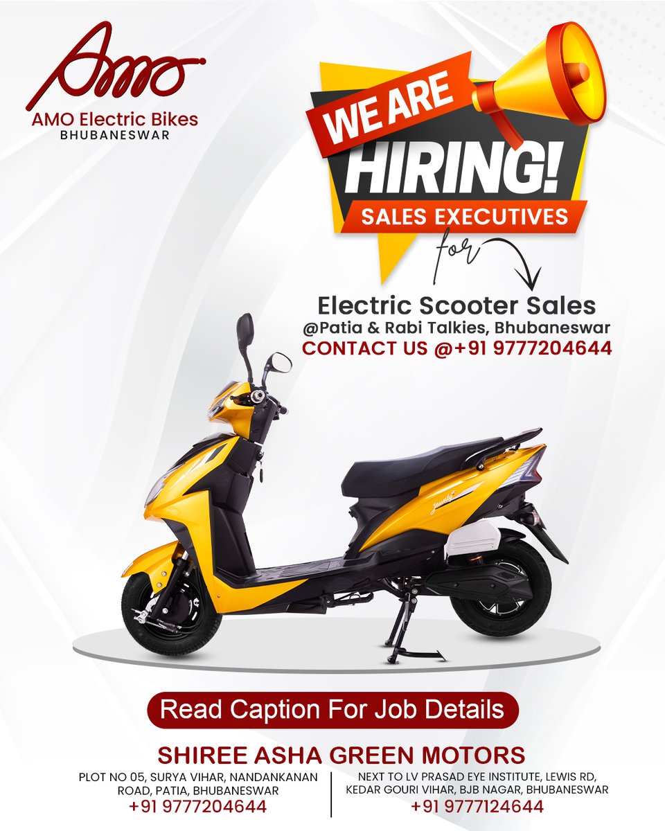 SA Green Motors is hiring for Sales Executives for Electric Scooter Sales @ Patia & Rabi Talkies Bhubaneswar. 
Contact us at: +91 9777204644 

#hiring #hiringnow #hiringalert #hiringjobs #salesexecutive #sales #executive #executivesearch #jobhunting #vacancy #vacancyjob