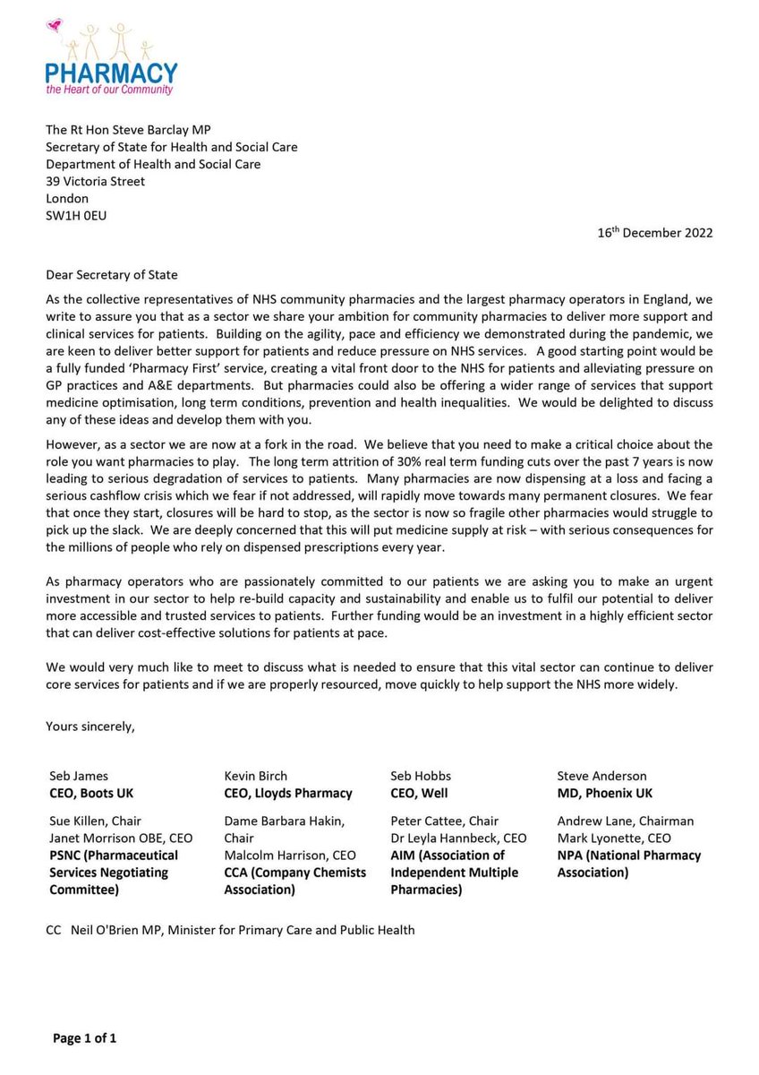 TaiwoOwatemi's tweet image. 📝Last month, representatives of NHS community pharmacies and the largest pharmacy operators in England wrote to the Health Secretary warning about the funding crisis that is facing the sector. 🧵