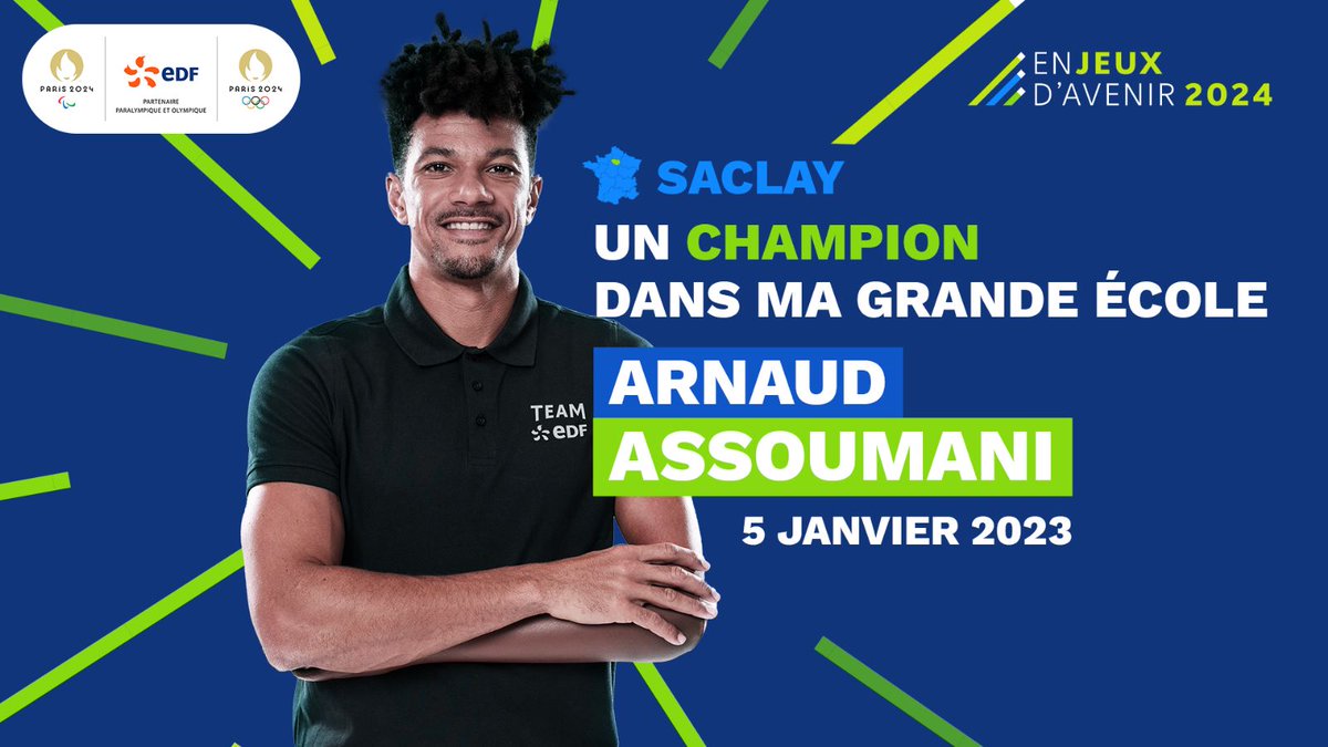 📚Un Champion dans ma grande école
Arnaud Assoumani du #TeamEDF rencontrera les étudiants de @centralesupelec , dans le cadre du programme #enJeuxdAvenir2024
🤩Un moment d’échanges et de transmission autour du parasport ⚡#EnergieduSport 
@Paris2024 @EDFofficiel @energiedusport