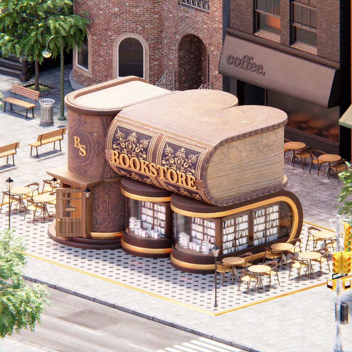 eslammo7med's tweet image. I'm in love with books and the smell of paper. I imagine myself in this place, drinking coffee and reading a lot of books
So I made this design to make it looks like a B letter from the top. What do you think?
#conceptart #b3d #3d #3dmodel #books #bookstore