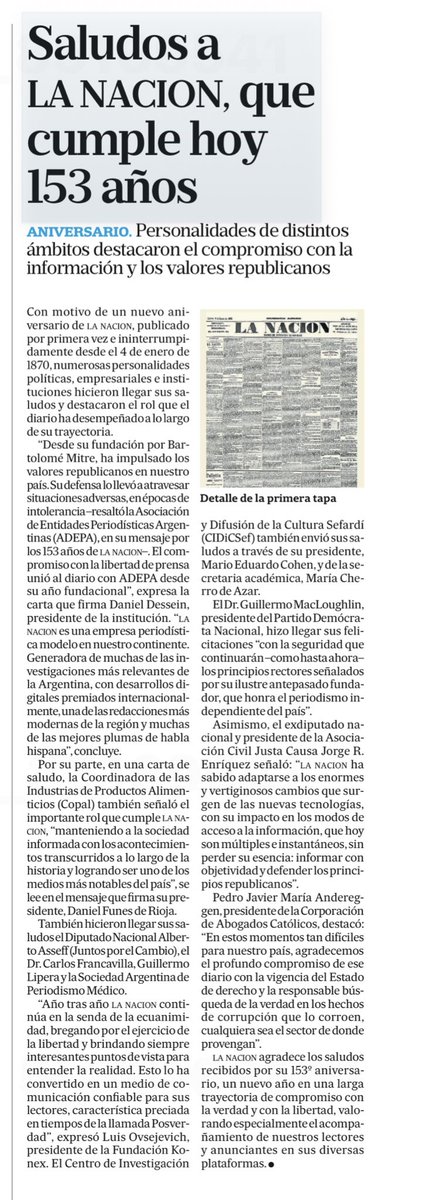 DoloresMitre's tweet photo. LA NACIÓN cumple hoy 4 de enero, 153 años #LN153 https://t.co/E98FRHIHym