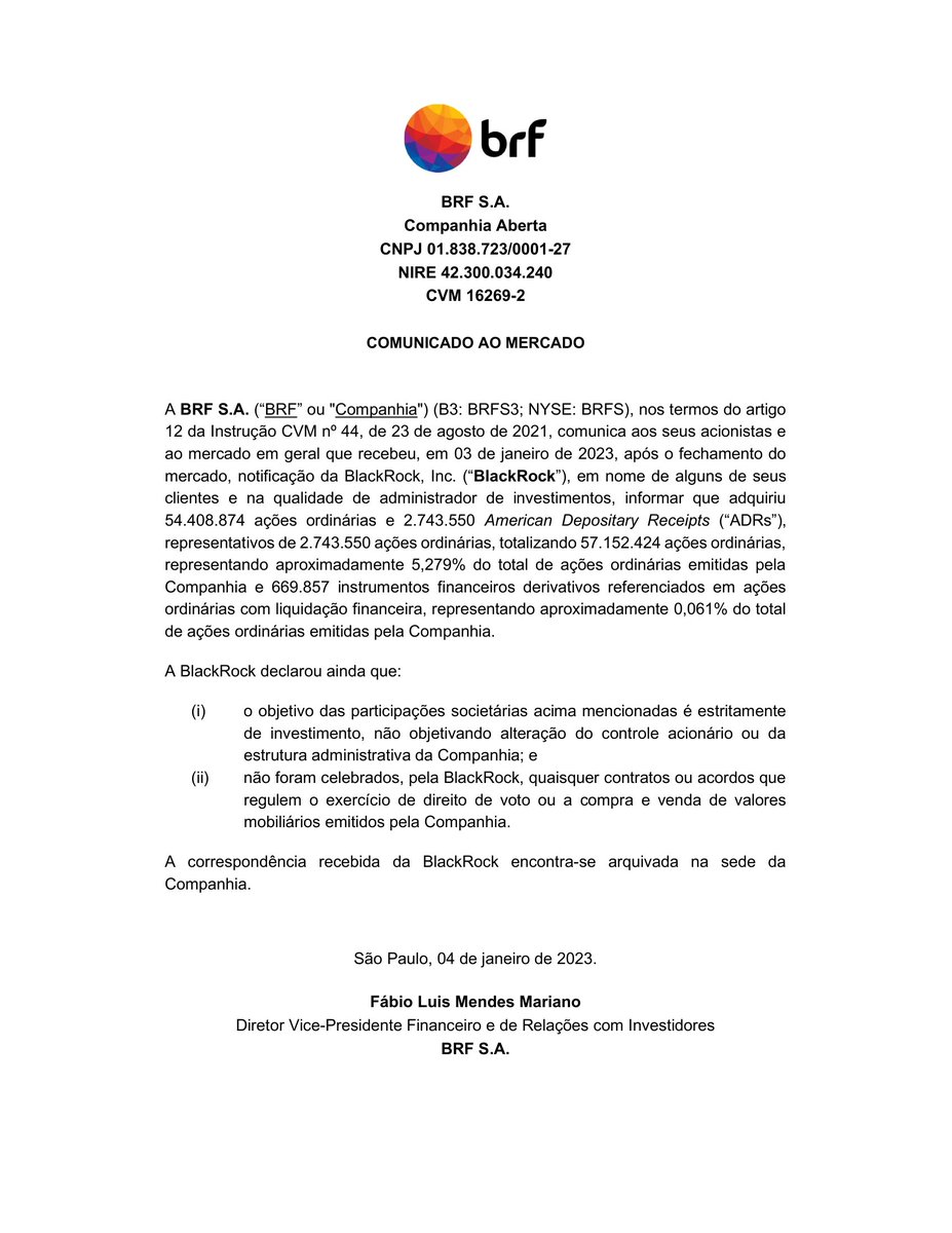 CalixtoCapital's tweet image. #BRFS | BRF SA | Comunicado ao Mercado