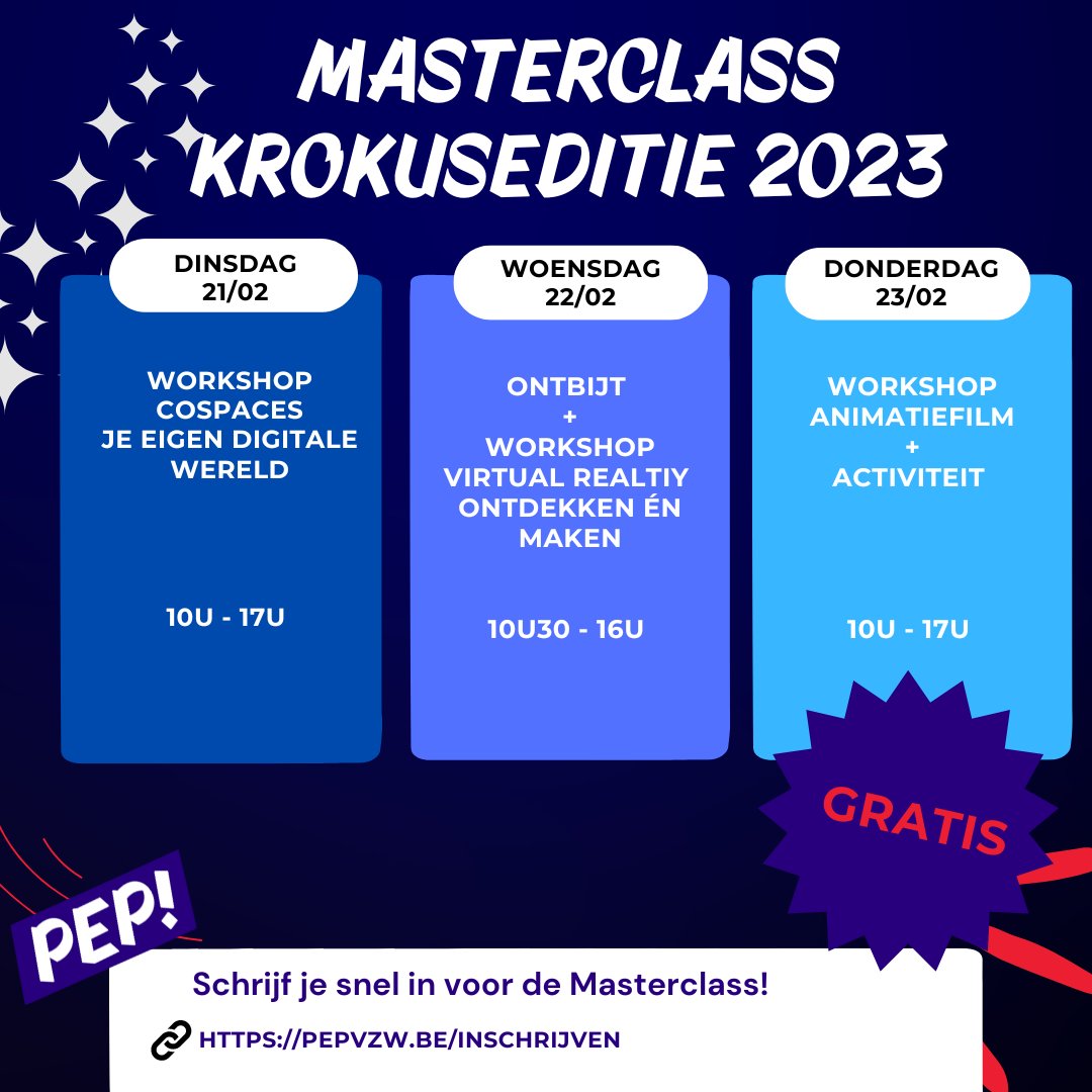Masterclass Krokusvakantie 2023! 

Altijd al willen weten hoe je je eigen digitale wereld opbouwt? Het ontdekken én maken van Virtual Reality en een workshop animatiefilm? 

Schrijf je dan snel in via pepvzw.be/inschrijven 

Locatie: Klokkuil 3, 3600 Genk 

#masterclassjongeren