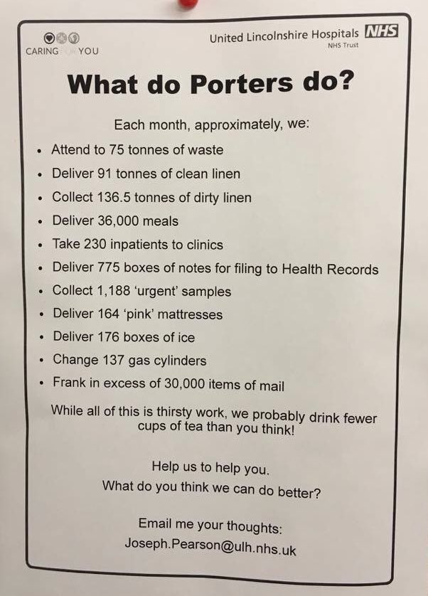 With the NHS in a mess right now it’s easy to forget all the NHS staff who are continuing to work tirelessly to keep things going. So please give a RT for all the porters across the country.