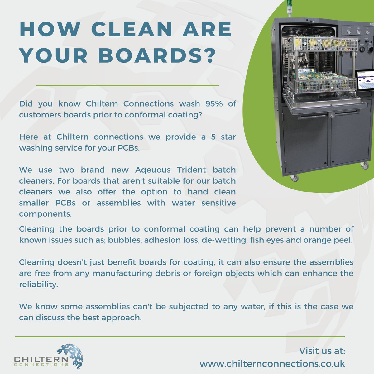 chilternco's tweet photo. How clean are your boards?

To find out more about the benefits of having your boards cleaned please get in contact with our technical sales team on 01491 824788 or fill out our contact us form: https://t.co/HpNTwxCBga

#pcbboards #cleaning https://t.co/3wjKwJR3Cy