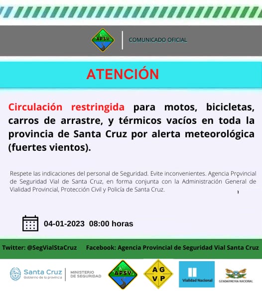 SegVialStaCruz's tweet photo. ATENCIÓN!!!
CIRCULACIÓN RESTRINGIDA.
#SeguridadVial 
#FuertesVientos 
#SantaCruz 
#Argentina https://t.co/zQsxd1232T