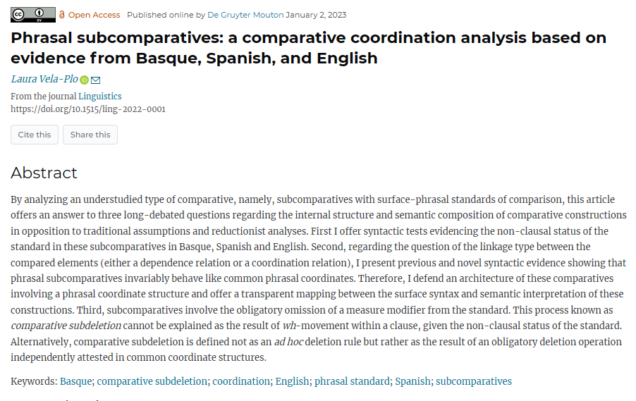 lvplo's tweet photo. So happy to finally have this article on the syntax-semantics of #comparatives, #coordination and #ellipsis published in @LinguisticsJ! You can have a look at this comparative (x2 😉) study on Spanish, Basque and English here: https://t.co/TZymvcOJdq @HittLinguistics https://t.co/1rZI6Fxs87