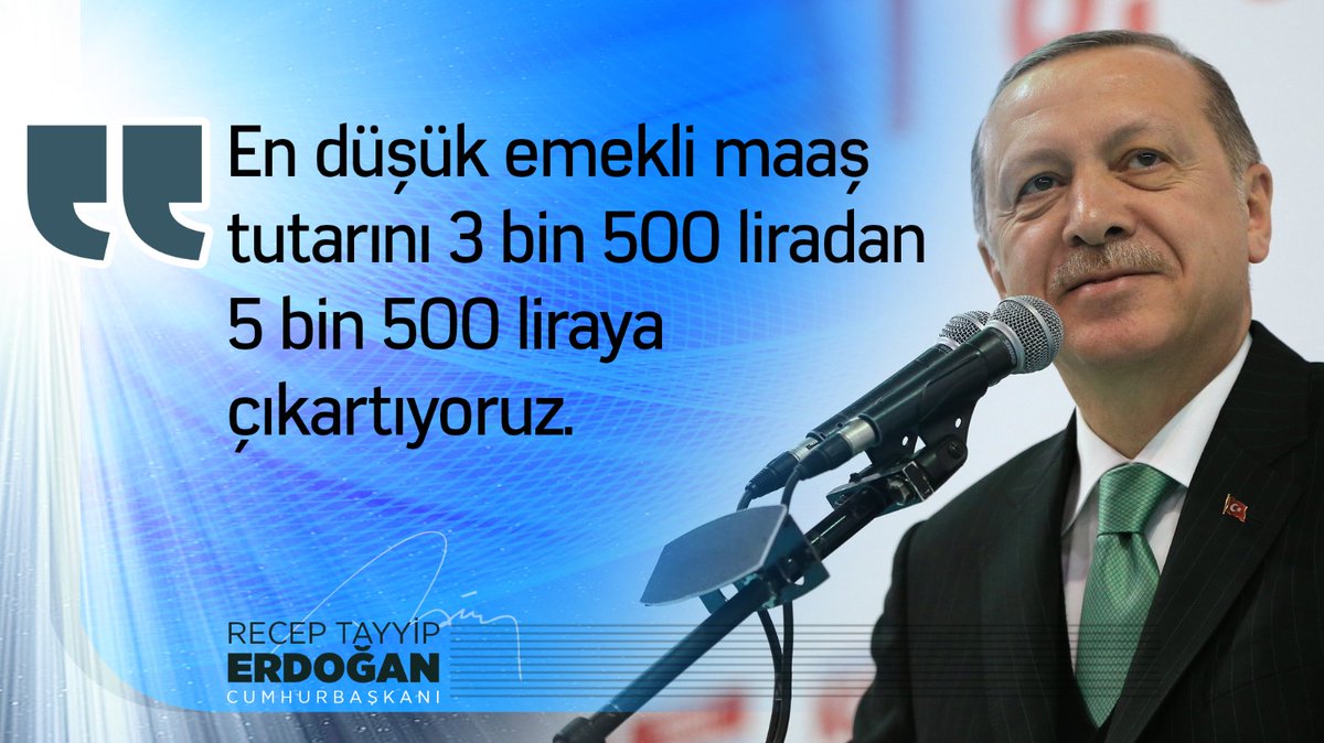 Cumhurbaşkanımız Sn Recep Tayyip Erdoğan ;
📌Memur ve emekli maaşlarına yapılan zam oranı yüzde 30'a çıkarıldı.

📌En düşük emekli maaşı 3 bin 500 liradan 5 bin 500₺'ye çıkarıldı.

Milletimize hayırlı uğurlu olsun. 
#tesekkurlerErdogan