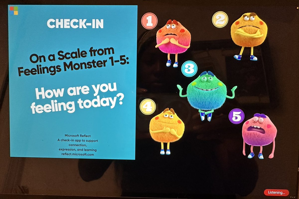YaritzaV_'s tweet image. 🌥️Hello beautiful people, 

Getting ready for my PD this morning and wanted to do a quick “back-to-school” 🌡️check-in! 

On a scale from #FeelingsMonster 1-5: How are you feeling today? 

@MicrosoftFlip @MicrosoftLife  #Reflect #MicrosoftLife