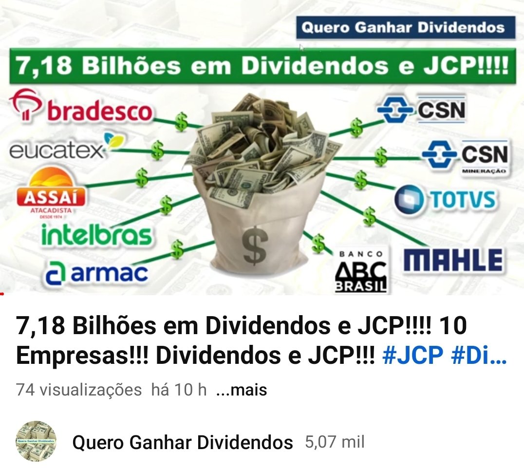 QDividendos's tweet photo. 7,18 Bilhões em Dividendos e JCP!!!! 10 Empresas!!! Dividendos e JCP!! #JCP #Dividendos #proventos
#Bradesco #BBDC3 #BBDC4 #Eucatex #EUCA4 #Intelbras #INTB3 #Armac #ARML3 #Assai #ASAI3 #CSN #CSNA3 #CSNMineração #CMIN3 #TOTVS #TOTS3 #Mahle #LEVE3 #BancoABCBrasil #ABCBrasil #ABCB4 https://t.co/UvdwB4WuT9