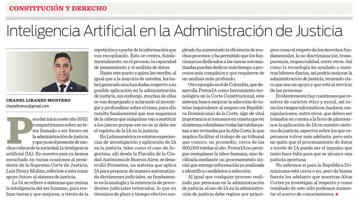 ChanelLiranzo's tweet photo. Les comparto mi artículo de hoy en el periódico @ElCaribeRD “Inteligencia Artificial en la Administración de Justicia”
https://t.co/GA1o4JiFkQ https://t.co/rEACYTUI25
