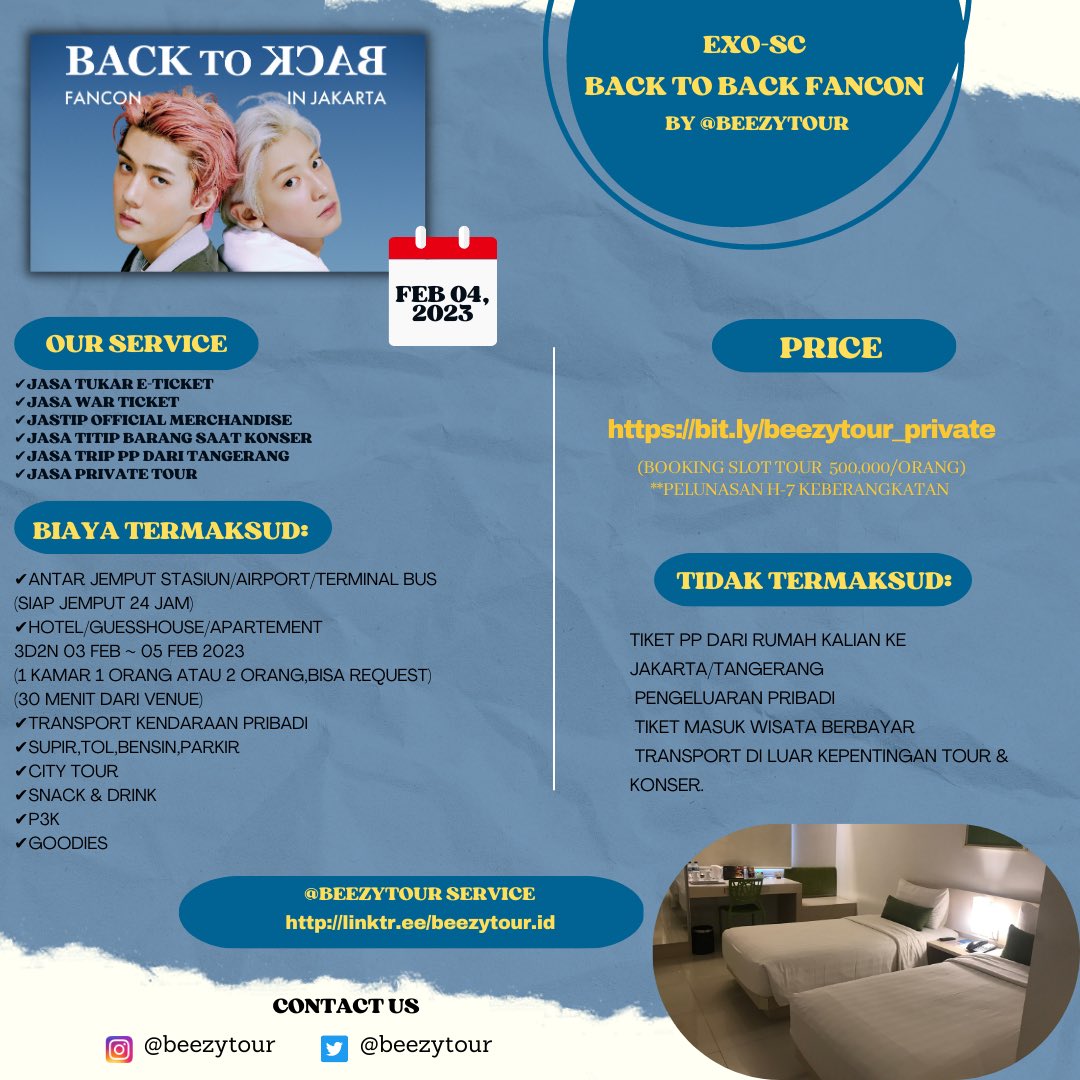 beezytour's tweet photo. [Open Private Tour]
EXO- SC Sehun Chanyeol
Back to Back FANCON

Q&amp;A DM
Exol solo semarang jogja bali kalimantan sby dll
‼️Booked your room now‼️
https://t.co/EFpTleFUgL…

@beezytour your fangirl chinggu 😊

#EXO #EXOSC #EXOSC_BackToBack #EXOSCinJKT #SEHUN #CHANYEOL #EXOSCfancon https://t.co/5zbO1aNLG5