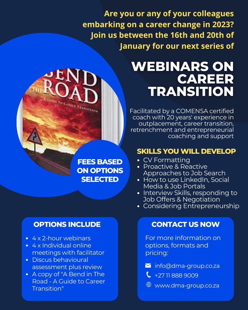 dmapeople's tweet photo. Details below on our next series of career transition webinars and 1:1 meetings, taking place between the 16th and 20th of January. Get in touch to find out more!
#outplacement #careertransition #cv #jobsearch #interviewskills #bendintheroad #dmagroup https://t.co/tYLjHrROOz