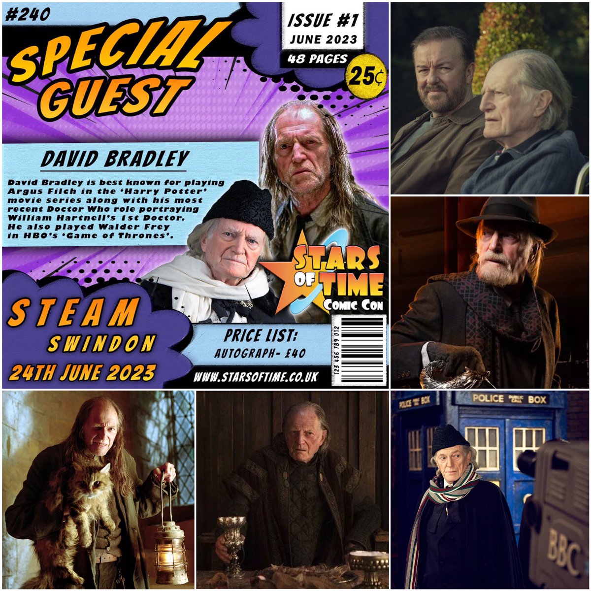 STARSOFTIME's tweet photo. DAVID BRADLEY is coming to @STARSOFTIME Swindon this June! @steam_museum @visit_swindon @VisitWiltshire #doctorwho #whovians #harrypotter #PotterFans #comiccon #doctorwho @WhovianLeap @KrynoidPodCast @dwcoverstory @ukcomiccons @classicdw @DrWhoNews @ClassicDrWho247 #GameOfThrones https://t.co/kkhAzOpgRh