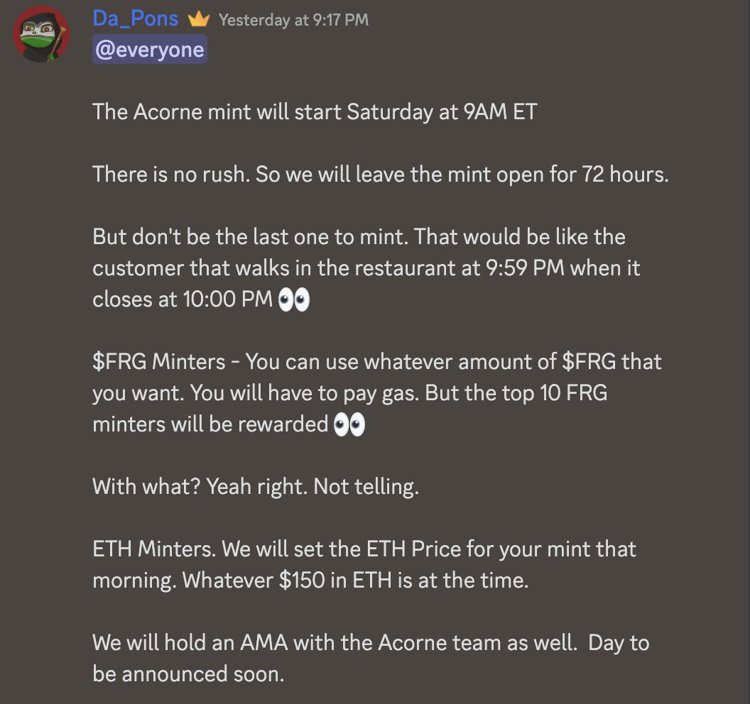 acorne_io's tweet photo. gm

The @acorne_io E2E NFT mint will open up this Saturday at 9AM. WL info is in the link below. 

Head into @ThePlagueNFT discord with questions

https://t.co/TOs0CyQKLD https://t.co/qy4u8OuLku