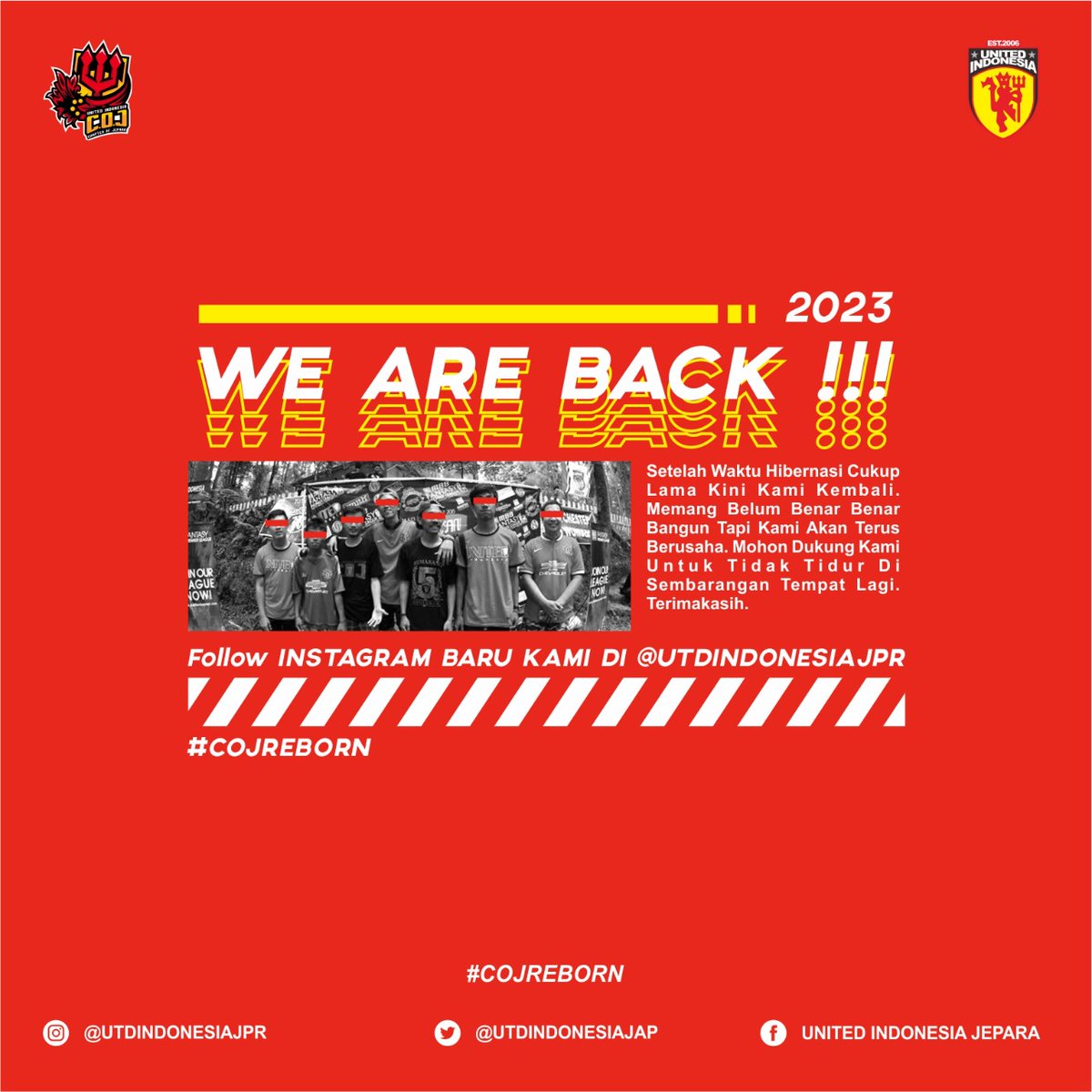 United Indonesia Chapter Of Jepara is Back!
Dengan semangat mendukung manchester united dalam suka maupun duka, menang, imbang maupun kalah. #cojreborn 
ikuti kami diberbagai media sosial
twitter: <a href="/utdindonesiajap/">United Indonesia Jepara</a>
instagram: Instagram.com/utdindonesiajpr
fb: united indonesia jepara