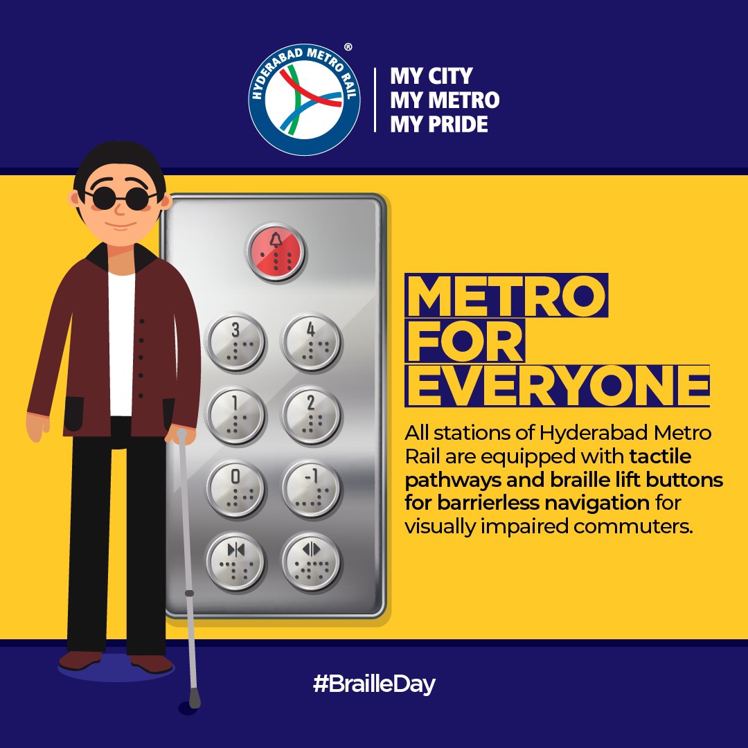 ltmhyd's tweet photo. With robust features like tactile pathway right from street level till the platform level along with elevator buttons equipped with #Braille, the Hyderabad Metro Rail continues to demonstrate its commitment to providing a barrier less ecosystem for the visually impaired commuters https://t.co/4lSNRMghVY