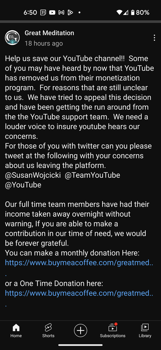 SueFrailey's tweet photo. @SusanWojcicki What's up with demonetizing the "Great Meditation" channel overnight? Shame on @TeamYouTube for removing reliable content providers from the monetization program while giving them the runaroun. This move has adversely affected the daily lives of thousands. https://t.co/Tmxws15Ff6