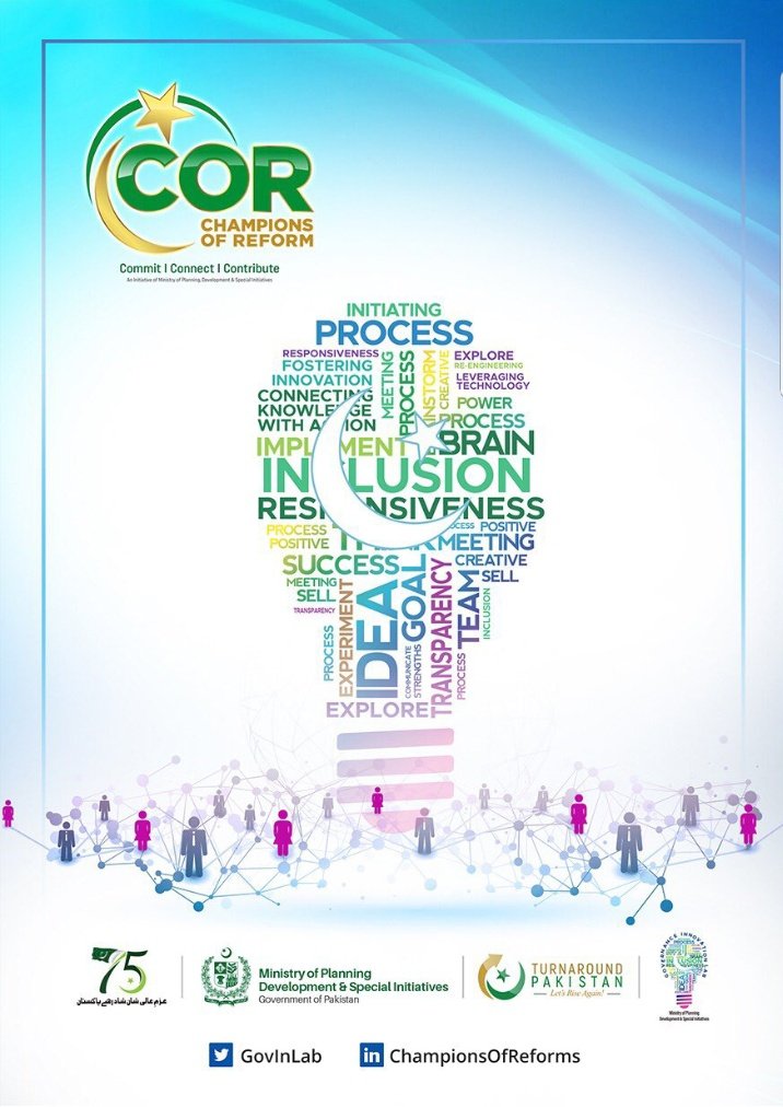 JunaidJukab's tweet photo. CHAMPION OF REFORM
Top professionals will be gathered on the COR network as a platform to assist the country. For the first time in Pakistan's history, COR's goal is to find solutions to the nation's major problems.@GovInLab @PlanComPakistan
#YDF
#COR
#GovInLab https://t.co/FadHmFUI2O