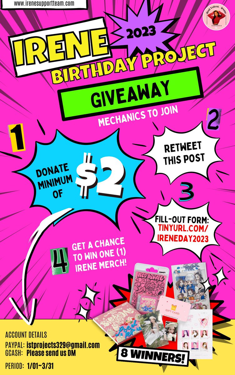 IreneVotingTeam's tweet photo. ‼️GIVEAWAY‼️
Easy steps to do:
🗳️Donate a minimum of $2 in our ‘2023 #IRENE BIRTHDAY FUNDRAISING PROJECT’
🔁Share to your timeline about our fundraising
📂Submit form https://t.co/qkPsG8jPgp
🎁8 winners will get a chance to win IRENE merchs! https://t.co/Bw1VdXGgIz #ISTProjects https://t.co/ulZB0QkwlM